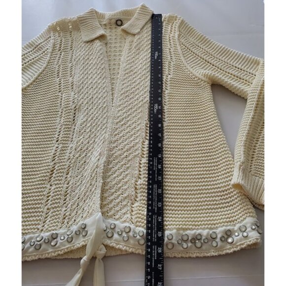 One Girl Who Open Knit Collared Cardigan Embellished Tie Front Hem  Cottagecore - Picture 10 of 12